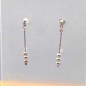 Minimalist Dangle Bar Earrings, Vintage Silver Tone Beaded Drop Studs